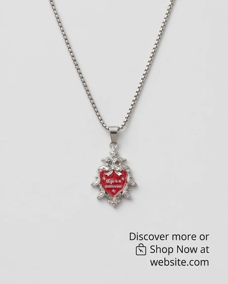 Silver Vintage Heart Engraved Red Enamel Pendant Necklace