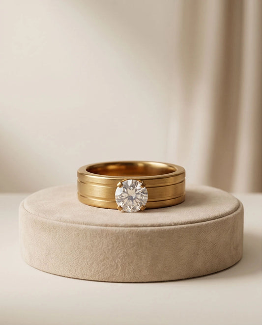 Gold Round Gemstone Wide-Band Solitaire Ring