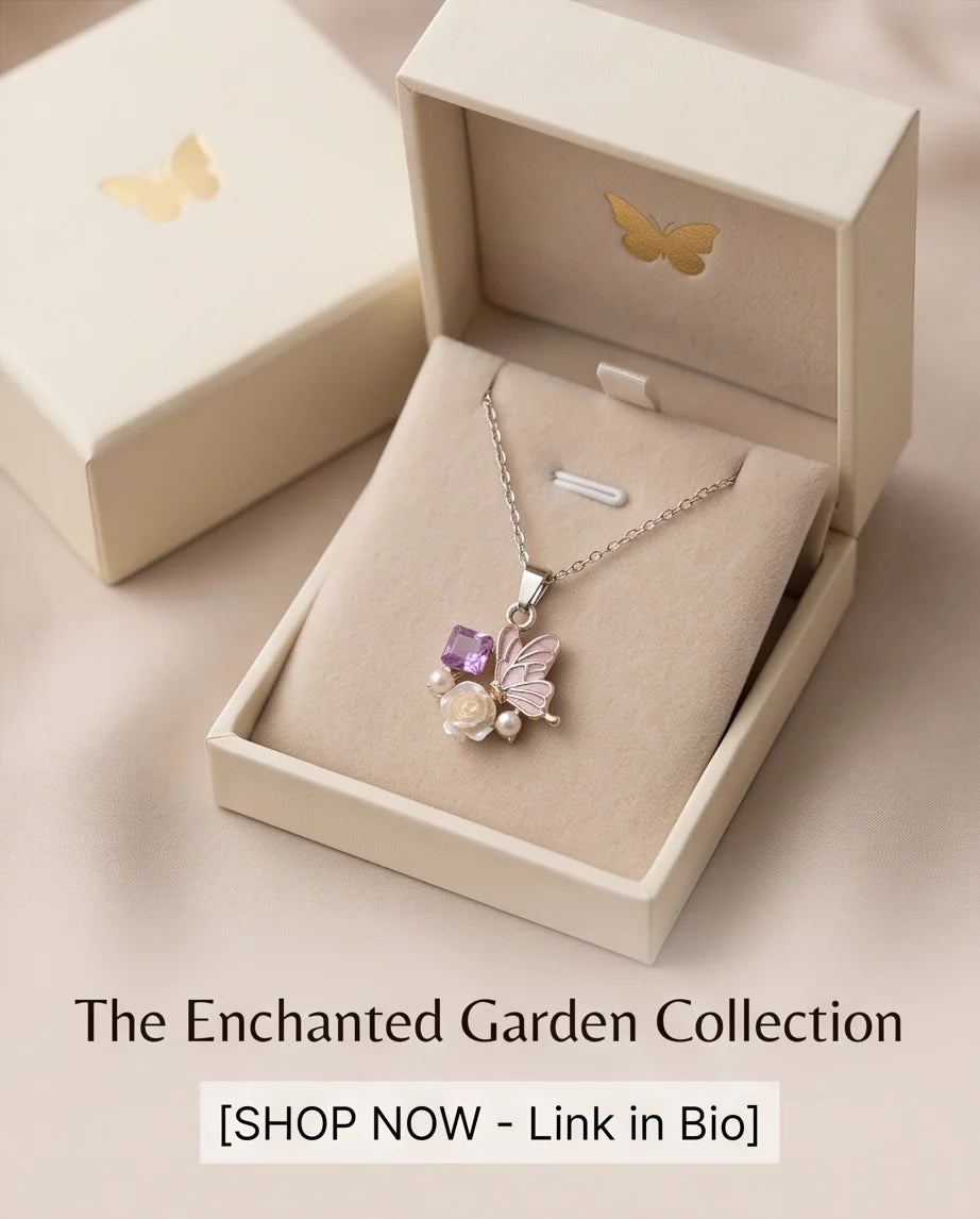 Gold Purple Enamel Butterfly & Pearl Rose Cluster Pendant Necklace