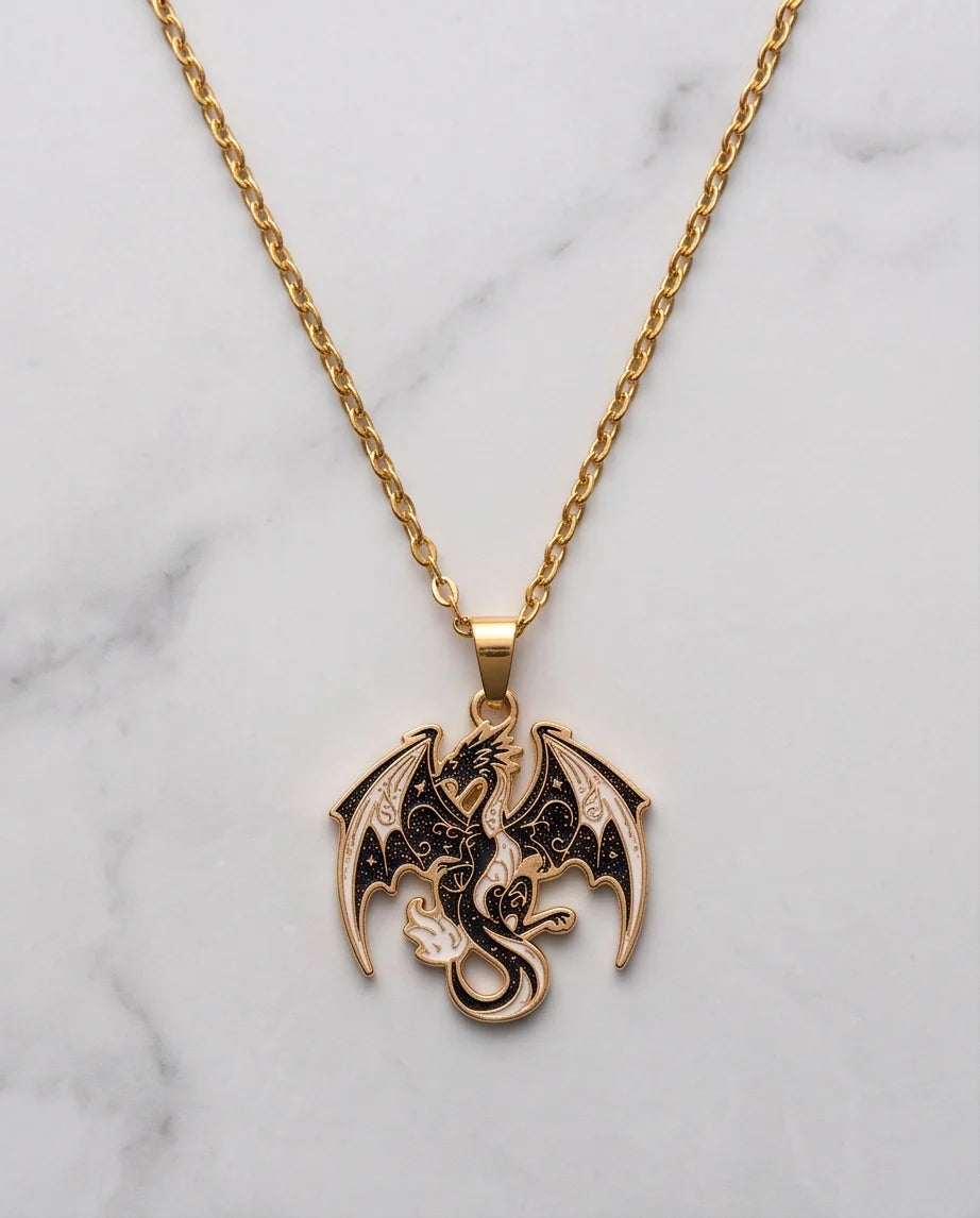 Gold Celestial Dragon Black & White Enamel Pendant Necklace