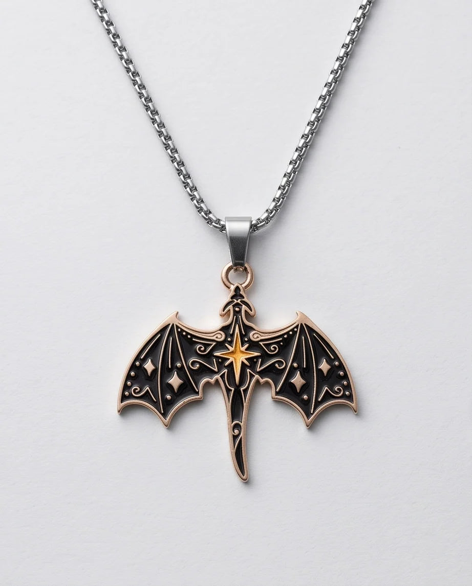 Gold Celestial Bat Enamel Pendant Necklace