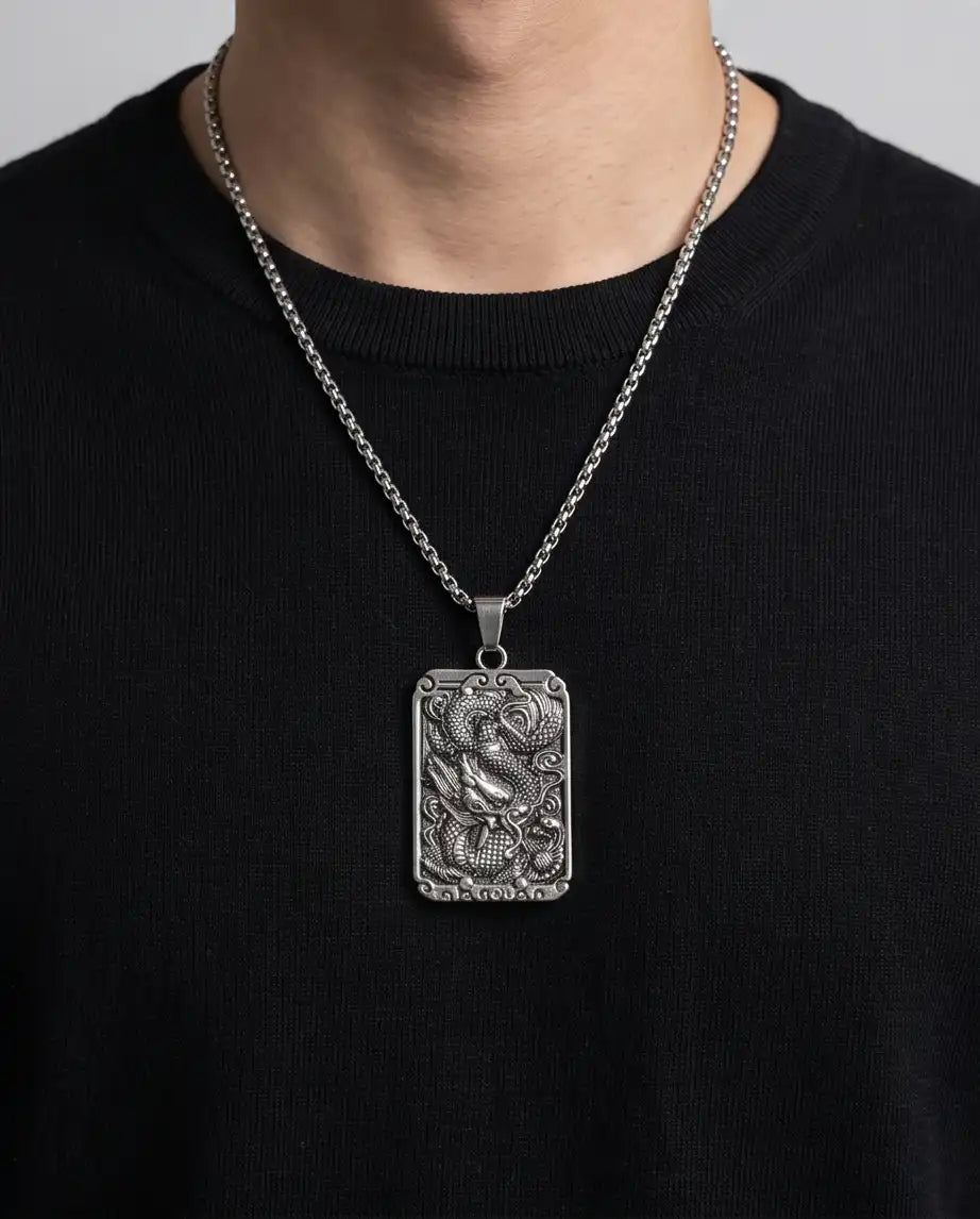 Mythological Dragon Rectangle Dog Tag Pendant Box Chain