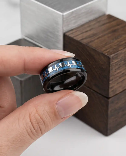 Black and Blue Carbon Fiber Heartbeat EKG Ring