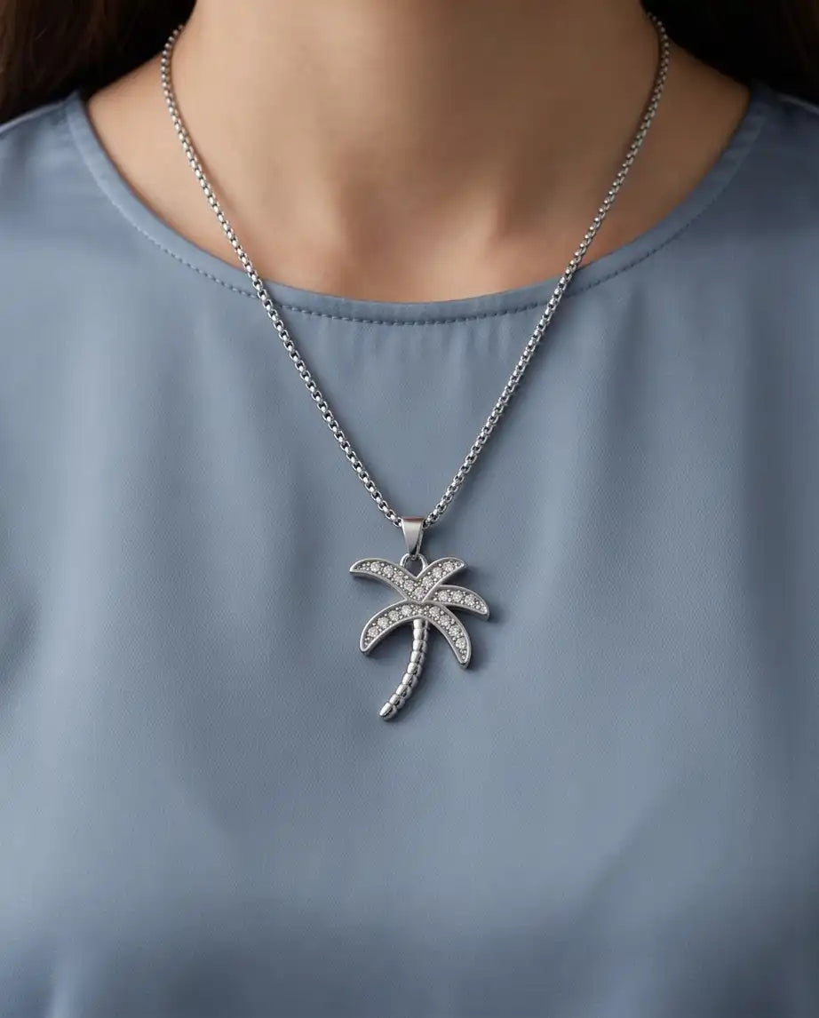 Iced Palm Tree Pendant Silver Box Chain Necklace