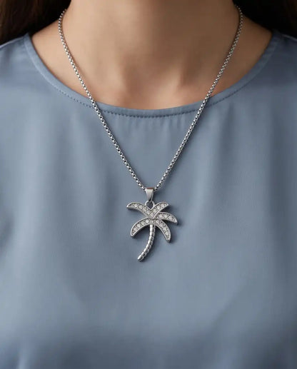 Iced Palm Tree Pendant Silver Box Chain Necklace