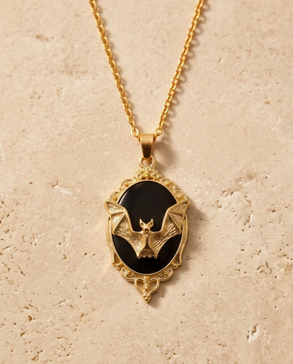 Gold Gothic Bat Black Enamel Medallion Chain Necklace