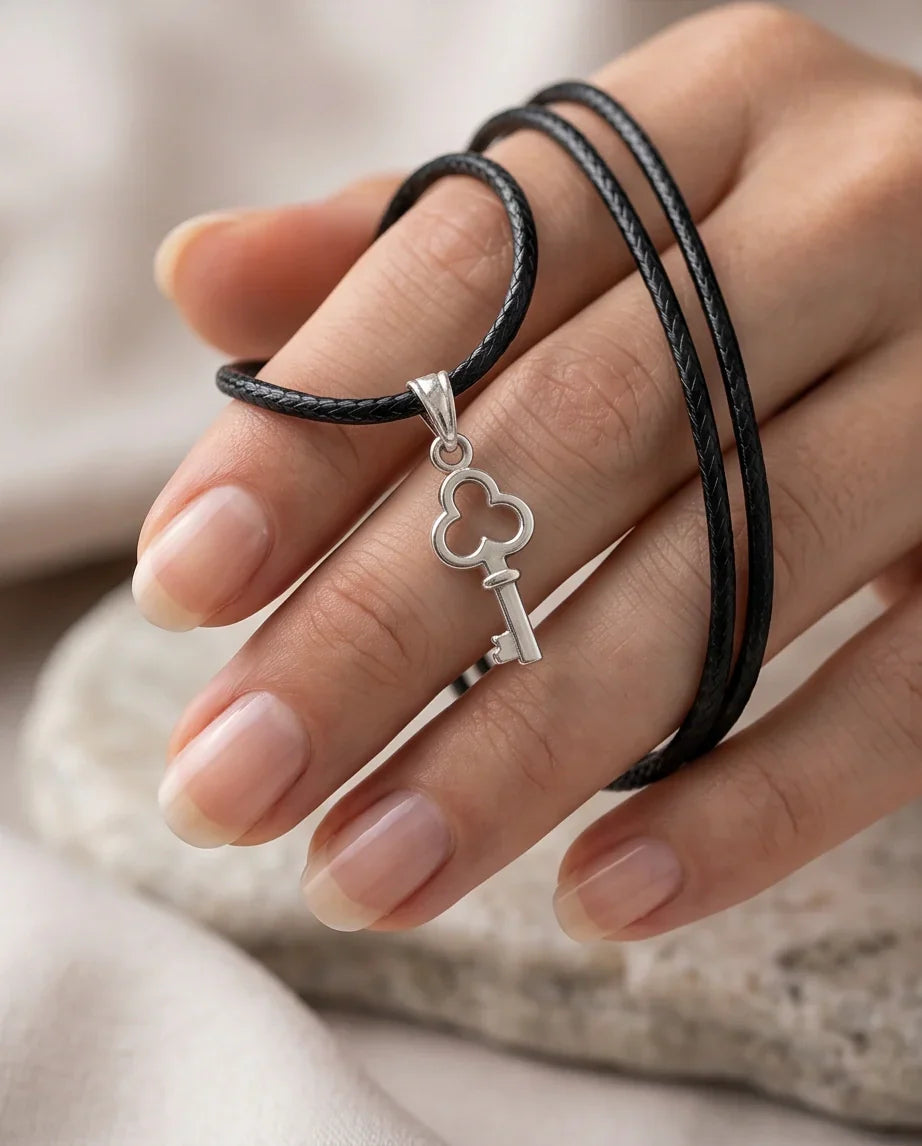 The Secret Keeper: Minimalist Silver Clover Key Pendant Necklace