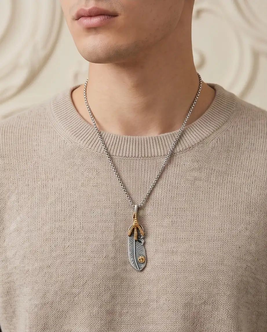 Two-Tone Eagle Claw Feather Pendant Silver Box Chain Necklace