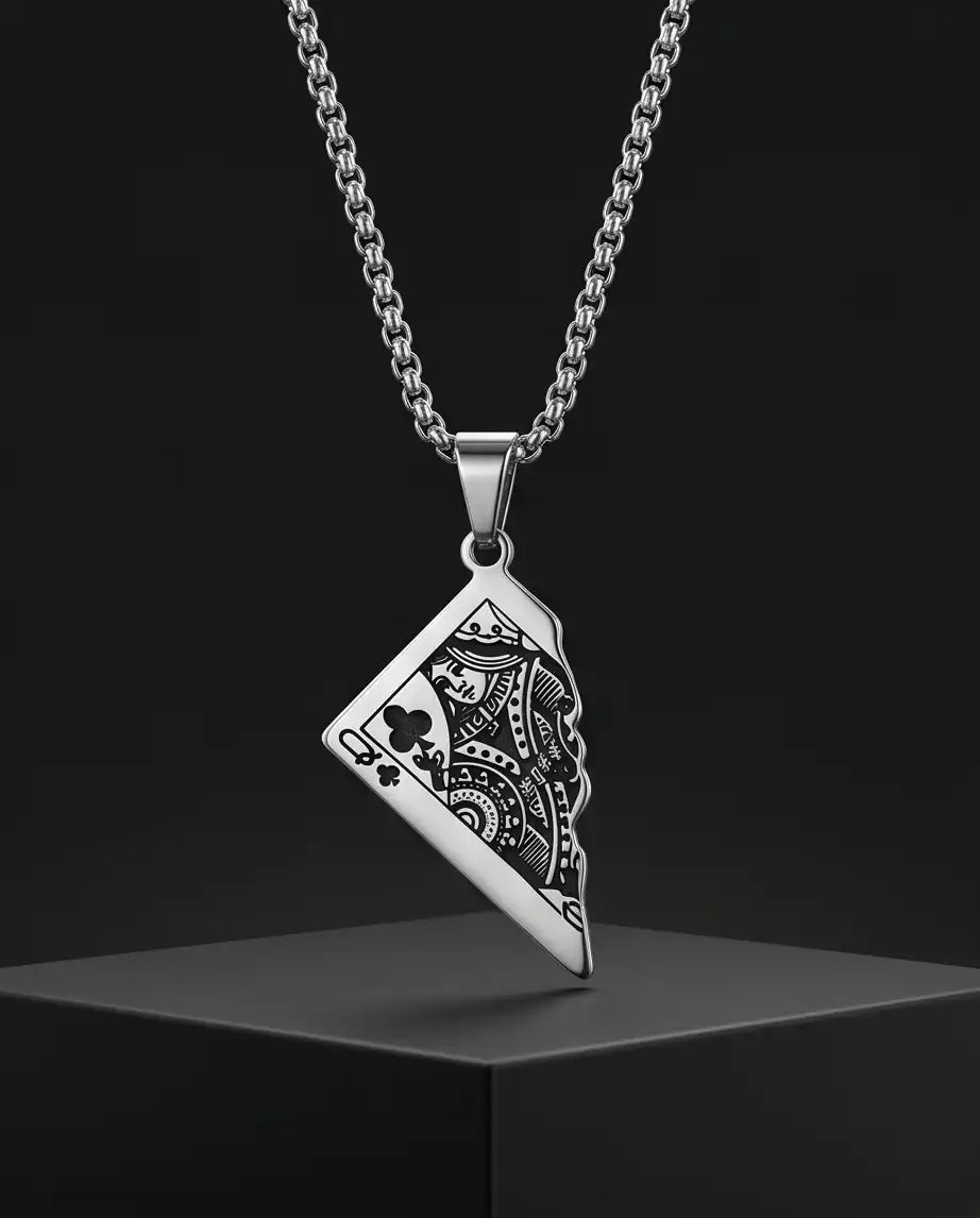 Broken Playing Card Queen Pendant Box Chain