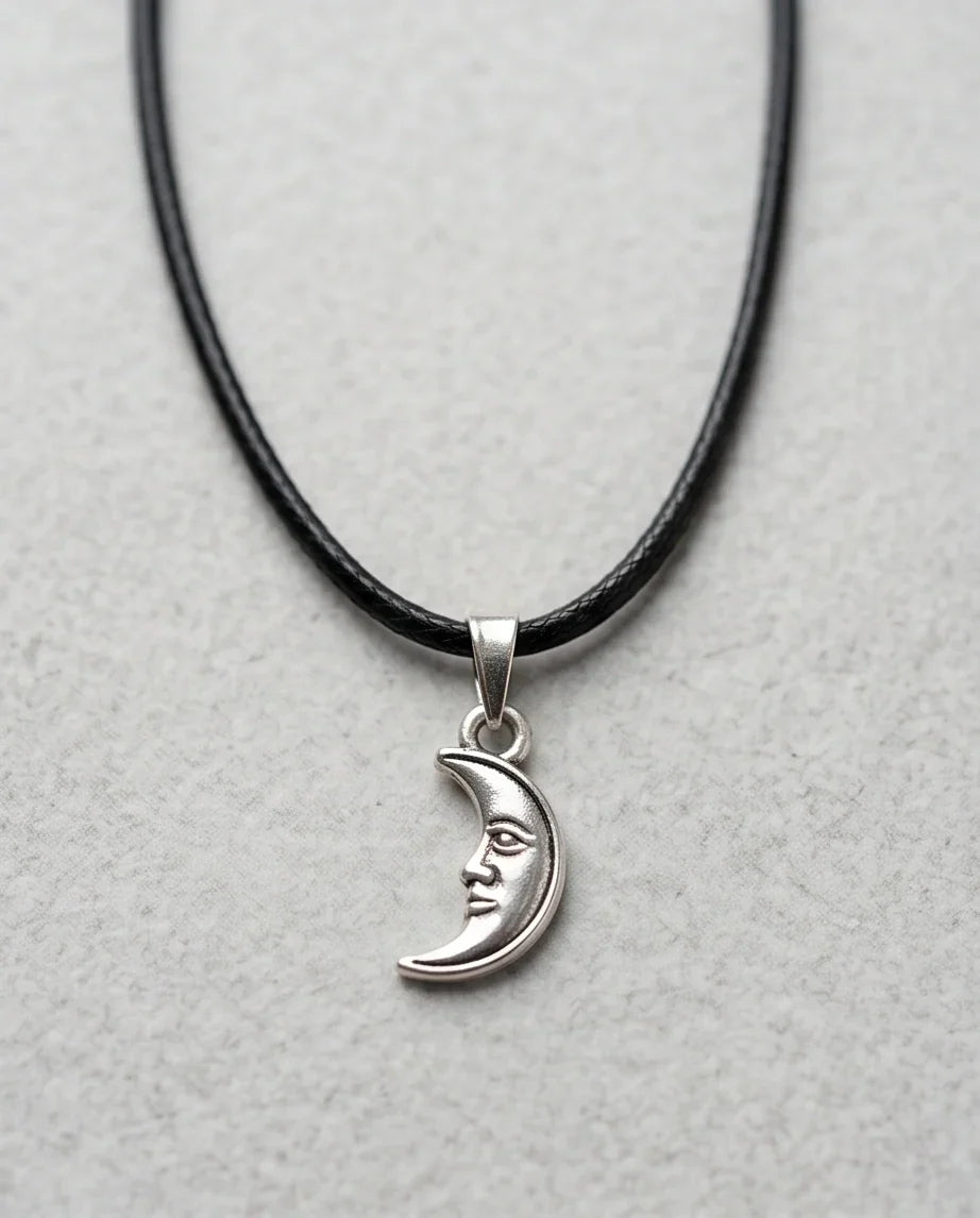 Silver Vintage Crescent Moon Face Necklace