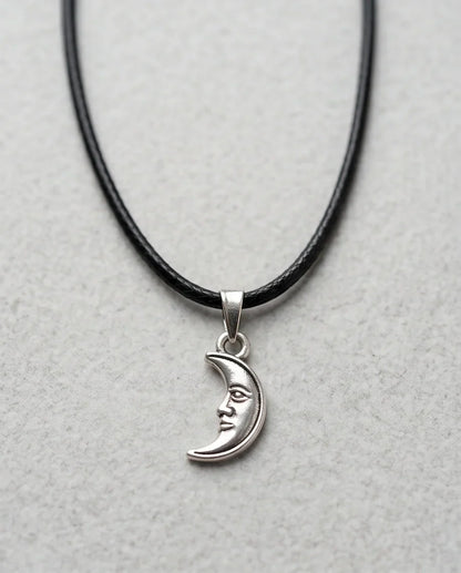 Silver Vintage Crescent Moon Face Necklace