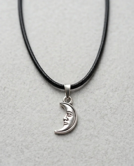 Silver Vintage Crescent Moon Face Necklace