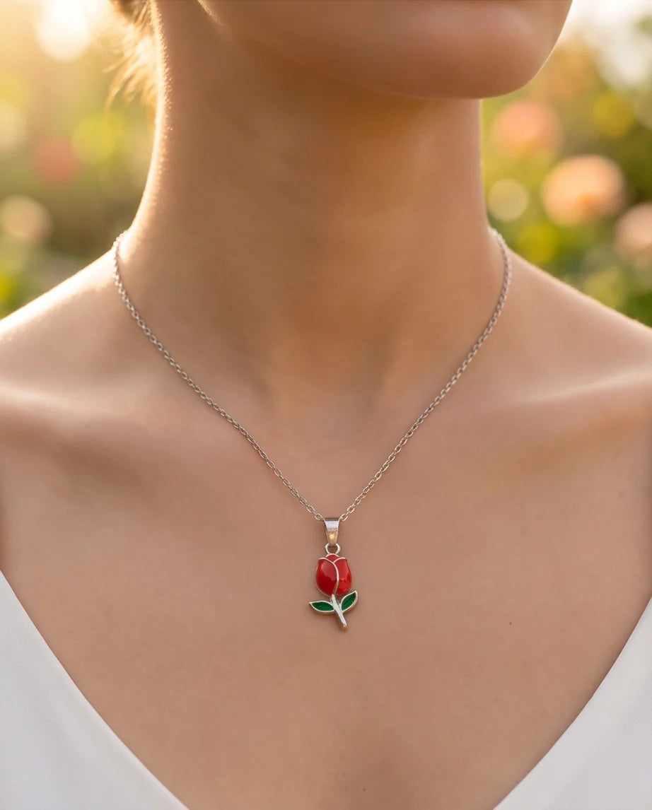Silver Red Enamel Tulip Pendant Necklace