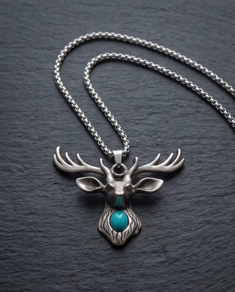 Turquoise Stone Stag Head Pendant Box Chain