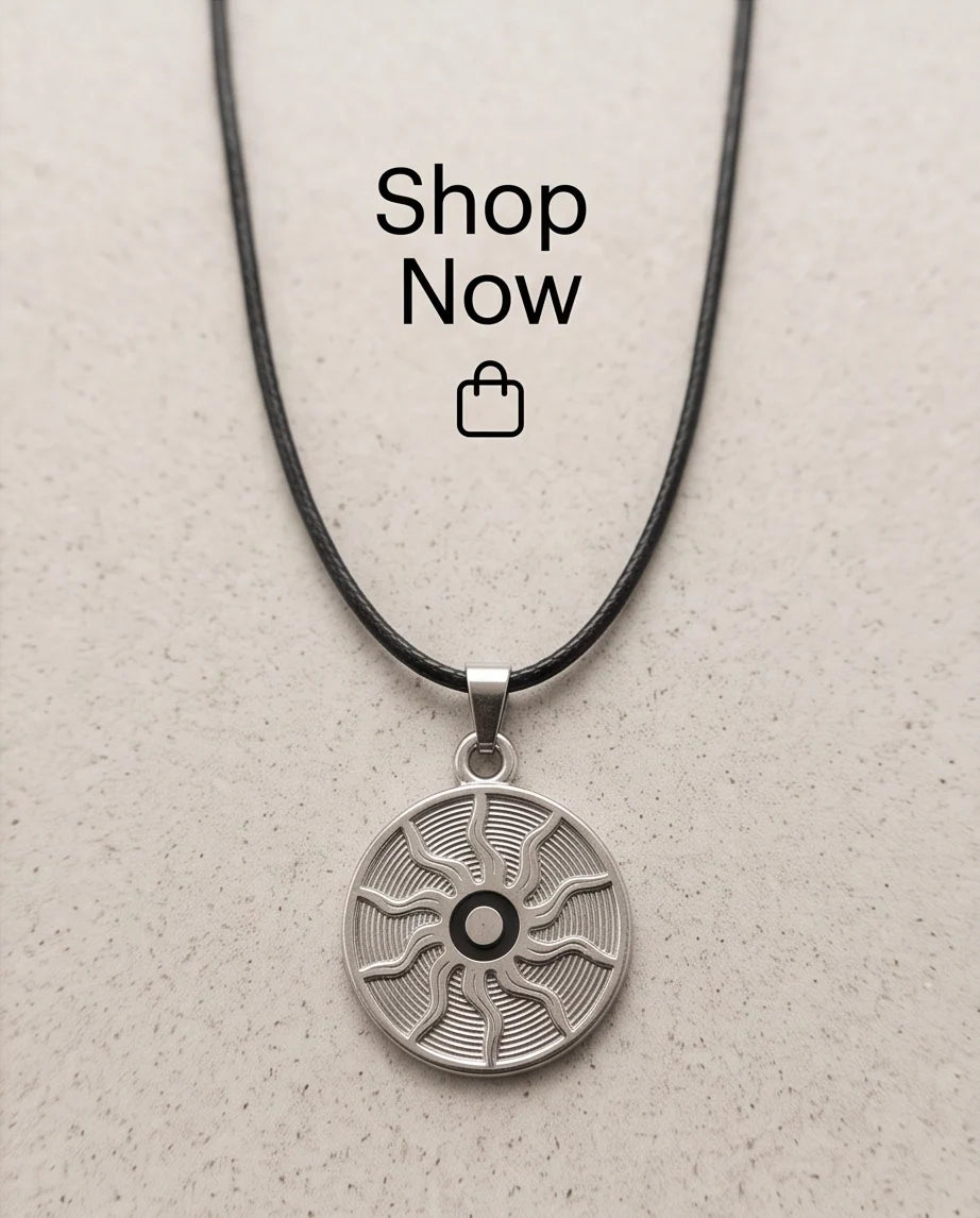 Silver Celestial Sunburst Medallion Cord Necklace