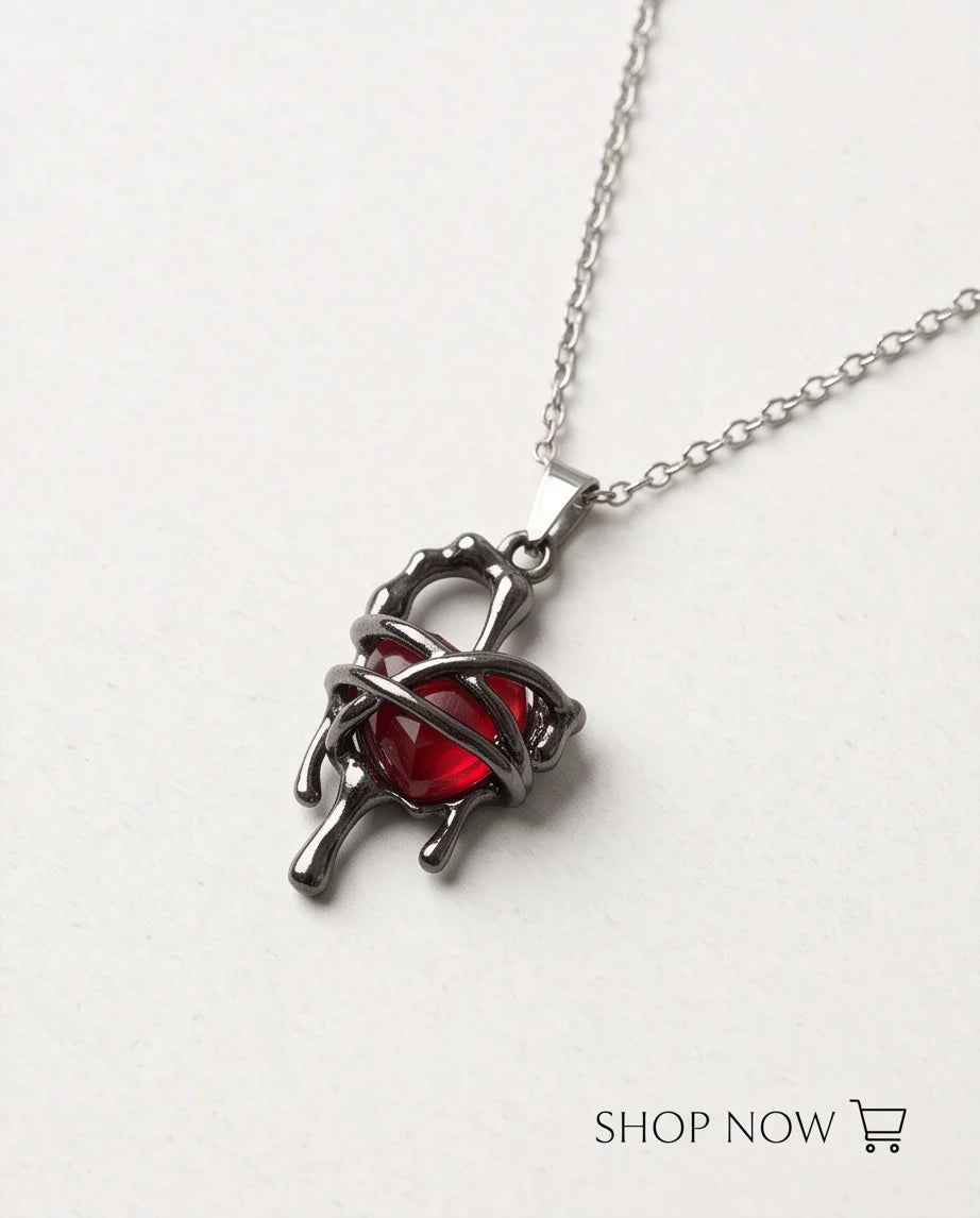Black Thorny Dripping Heart Red Gem Pendant Necklace