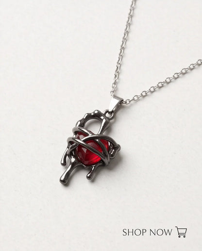 Black Thorny Dripping Heart Red Gem Pendant Necklace