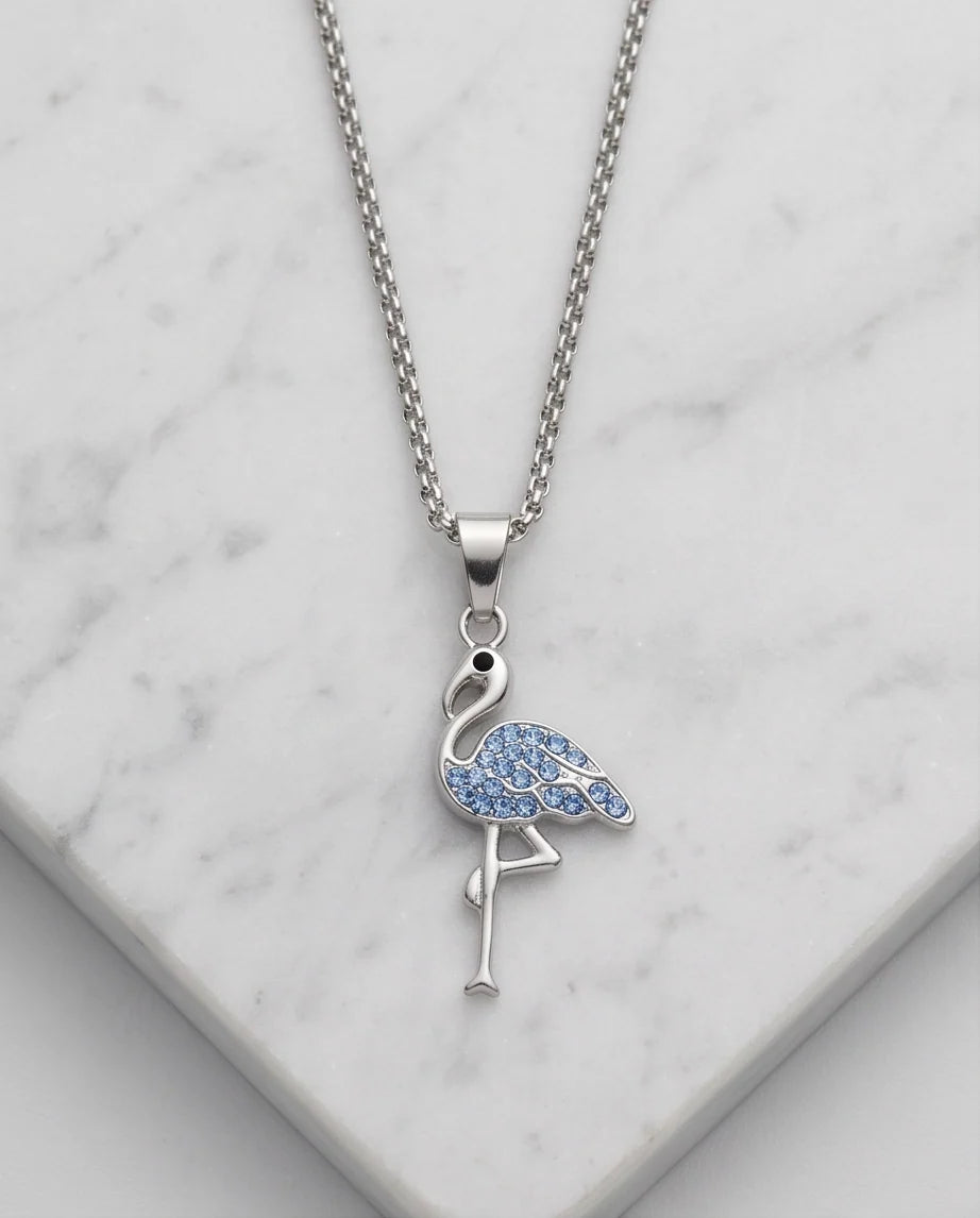 Silver Blue Crystal Paved Flamingo Pendant Necklace