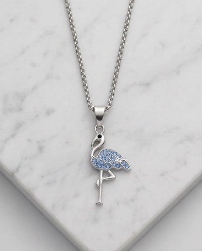Silver Blue Crystal Paved Flamingo Pendant Necklace