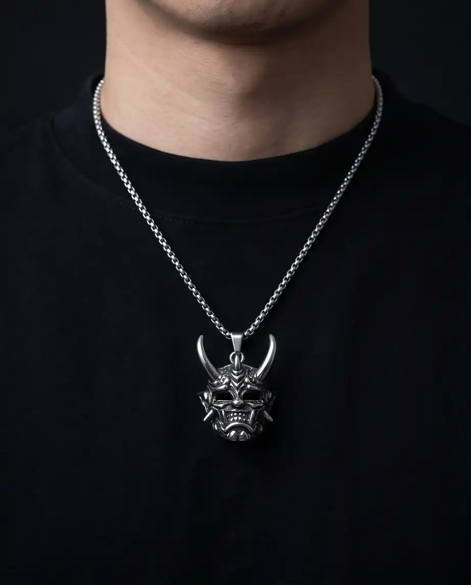 Japanese Horned Oni Mask Pendant Box Chain