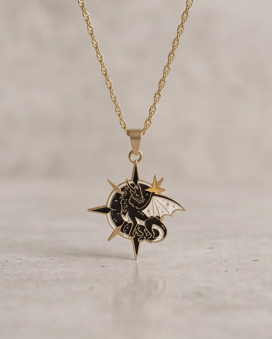 Gold Celestial Compass Dragon Black & White Enamel Pendant Necklace
