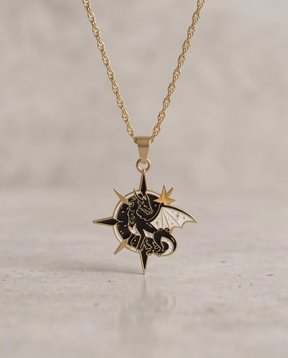 Gold Celestial Compass Dragon Black & White Enamel Pendant Necklace