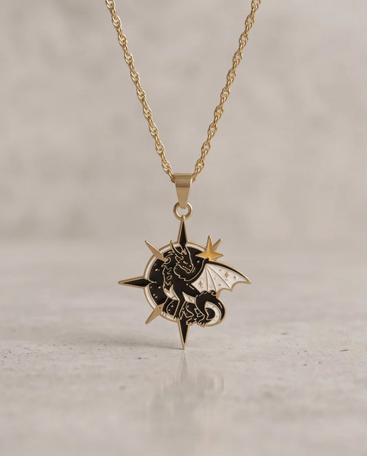 Gold Celestial Compass Dragon Black & White Enamel Pendant Necklace