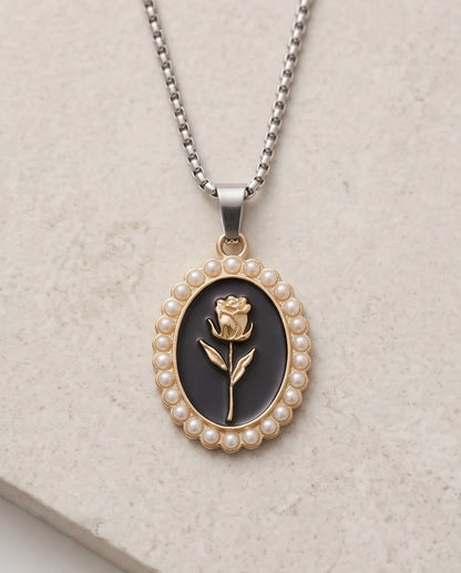Gold Pearl Frame Black Enamel Rose Oval Pendant Necklace