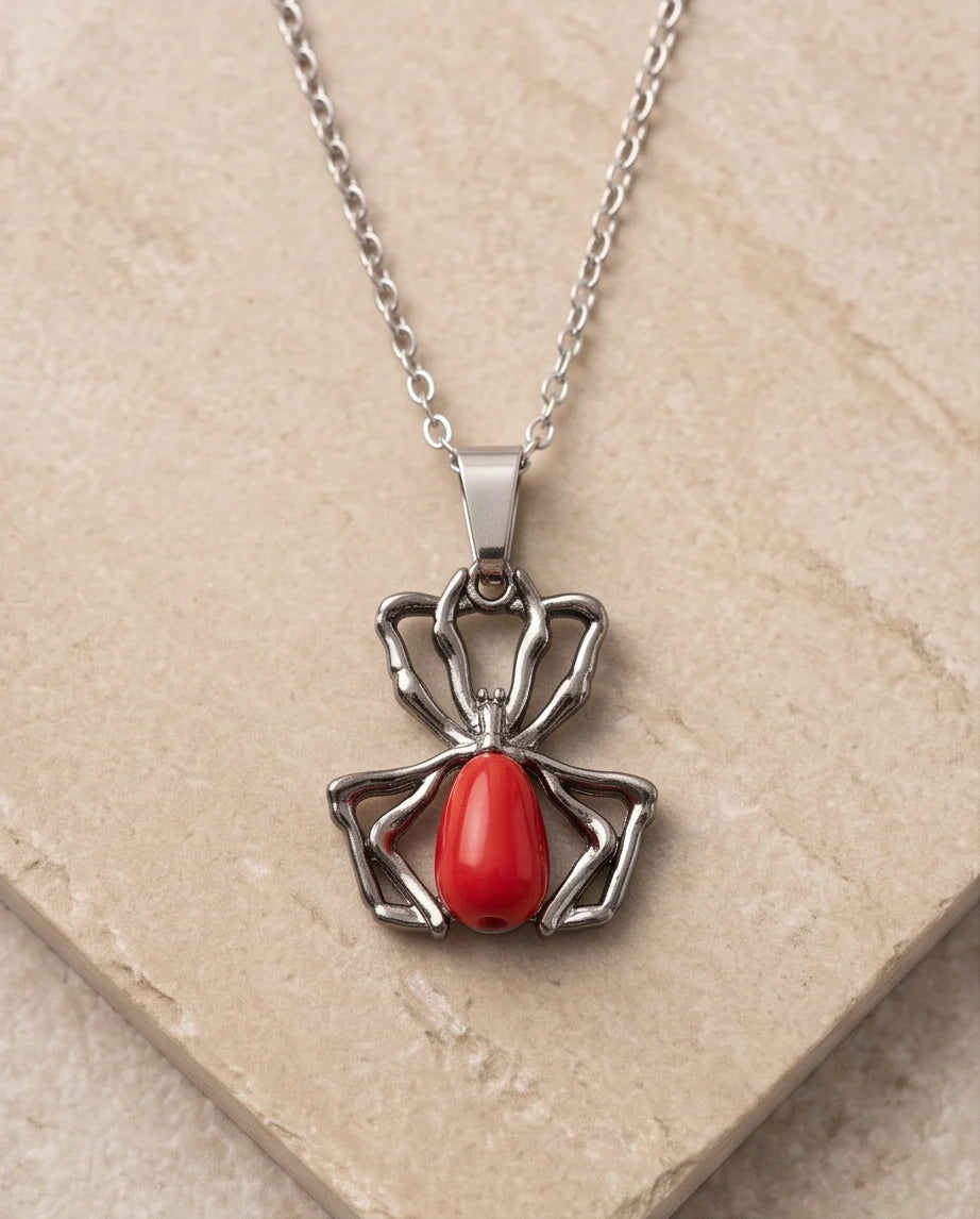 Silver Spider Red Gemstone Pendant Necklace