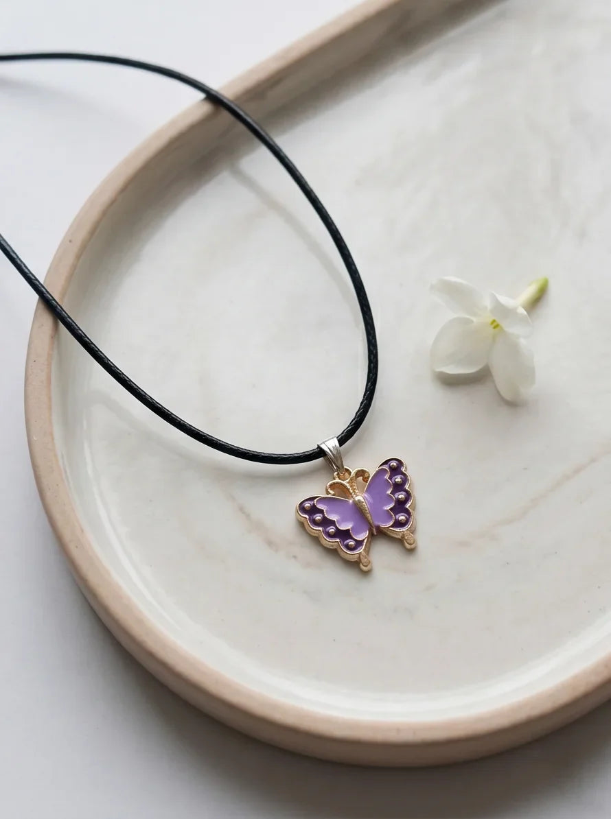 Purple Enamel Butterfly Pendant Necklace