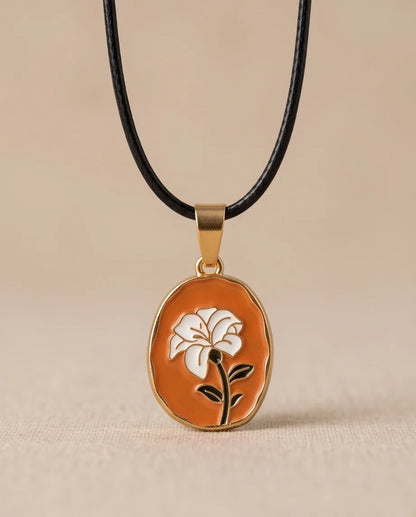 Gold Peach White Flower Enamel Medallion Chain Necklace