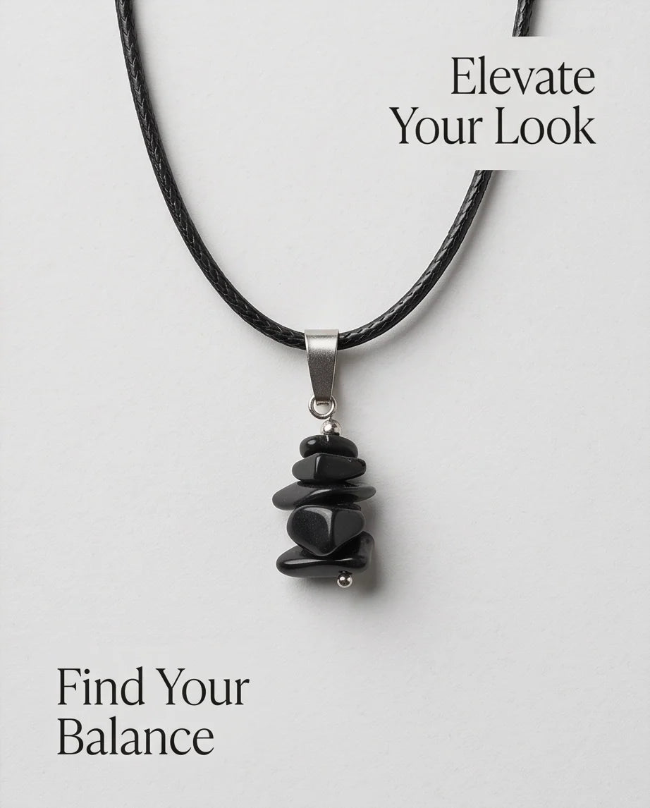 Silver Stacked Raw Black Obsidian Chip Stone Pendant Necklace