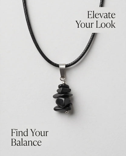 Silver Stacked Raw Black Obsidian Chip Stone Pendant Necklace