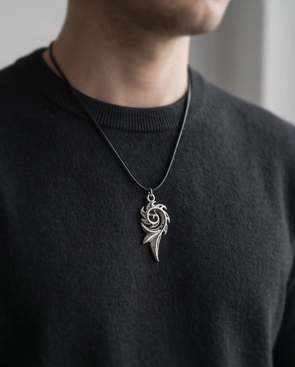 Silver Tribal Swirl Flame Cord Necklace