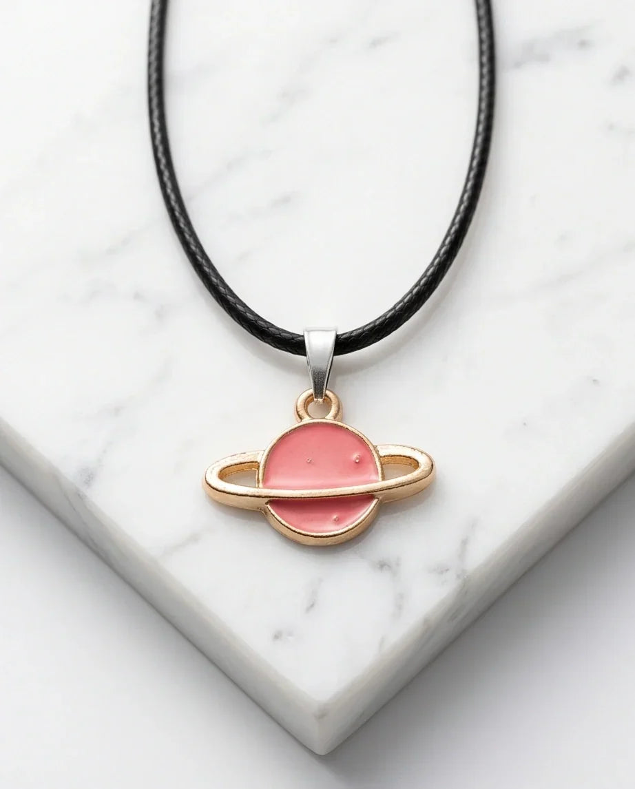 Pink Saturn Planet Enamel Pendant Necklace