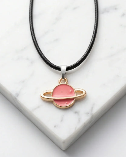 Pink Saturn Planet Enamel Pendant Necklace