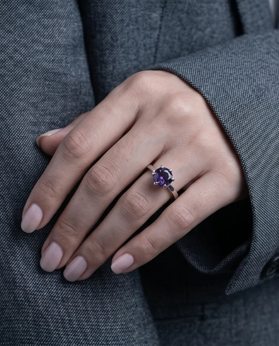 Sterling Silver Amethyst Purple Round Cut Solitaire Ring