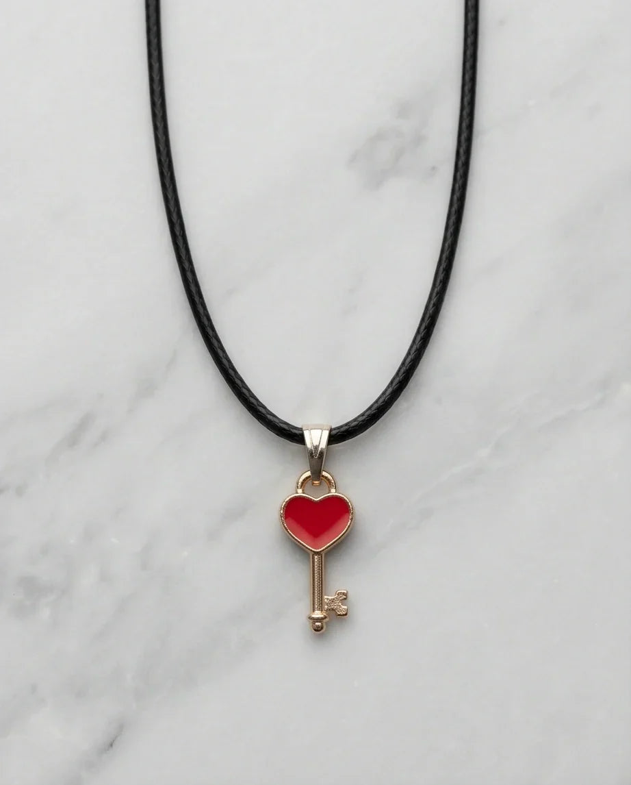Gold and Red Heart Key Necklace