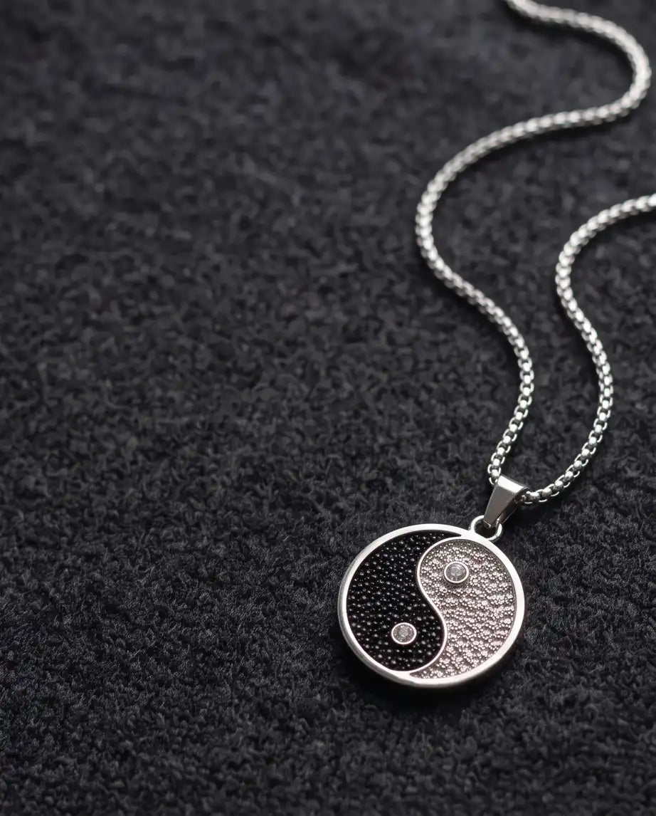 Cubic Zirconia Stippled Yin Yang Medallion Silver Box Chain Necklace
