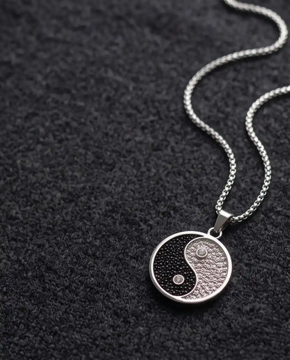 Cubic Zirconia Stippled Yin Yang Medallion Silver Box Chain Necklace