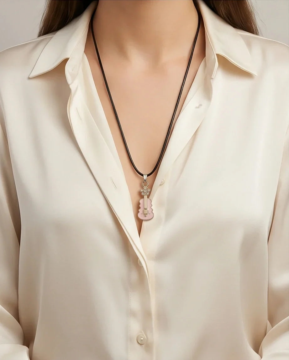 Gold and Pink Enamel Violin Necklace