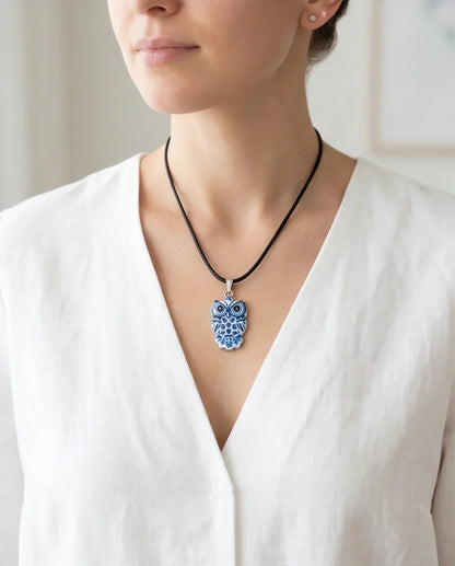 Artistic Blue Porcelain Owl Totem Pendant Necklace