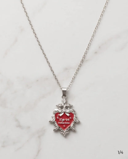 Silver Vintage Heart Engraved Red Enamel Pendant Necklace