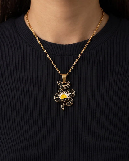 Gold Sunburst Serpent Enamel Pendant Necklace