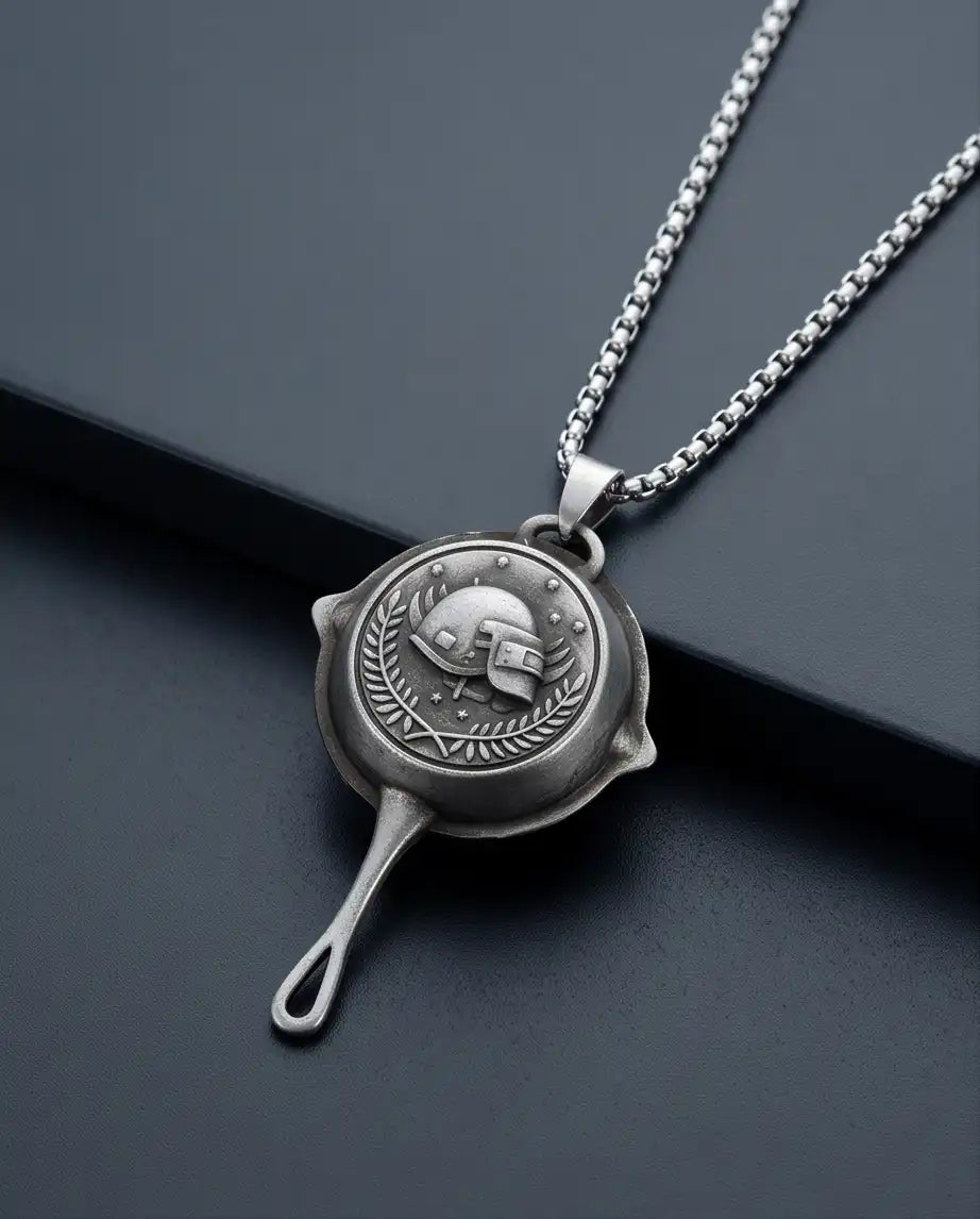 PUBG Frying Pan & Helmet Emblem Silver Box Chain Necklace