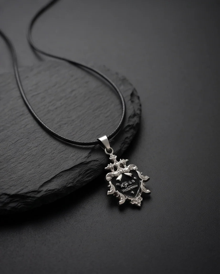 Silver Vintage Heart Engraved Black Enamel Pendant Necklace