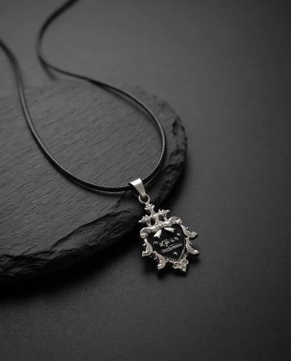Silver Vintage Heart Engraved Black Enamel Pendant Necklace