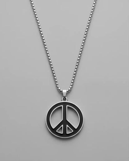 Black Enamel Peace Symbol Medallion Silver Box Chain Necklace