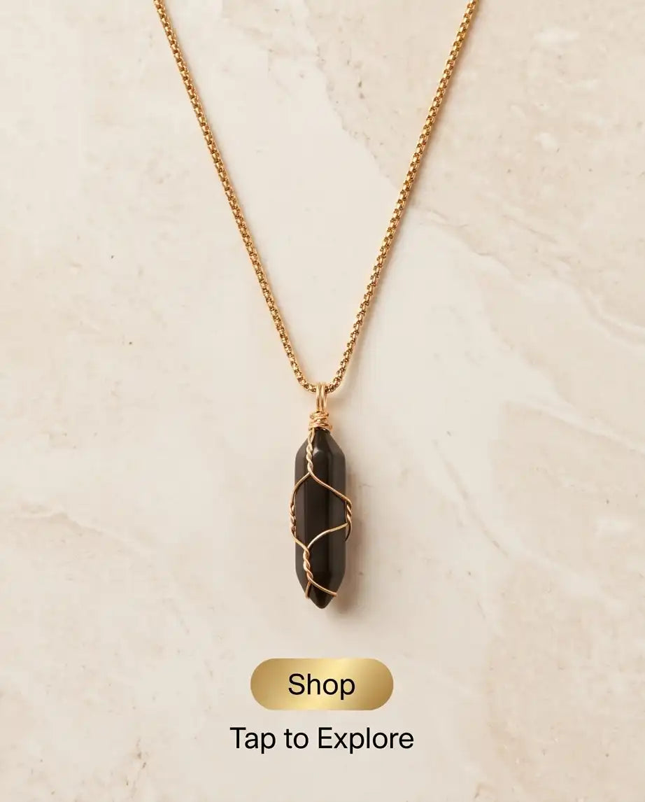 Wire-Wrapped Black Obsidian Crystal Point Pendant Box Chain