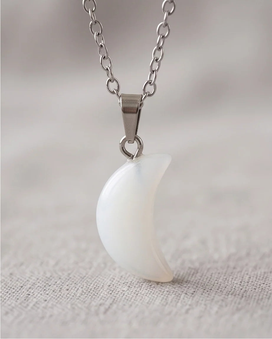 Silver Opal White Crescent Moon Pendant Necklace